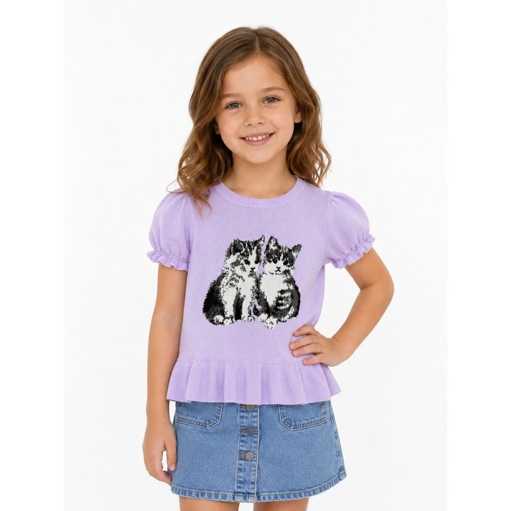 Janie and Jack Kitten‎ Peplum Sweater Top Girls Size 6 Purple Puff Sleeve Ruffle